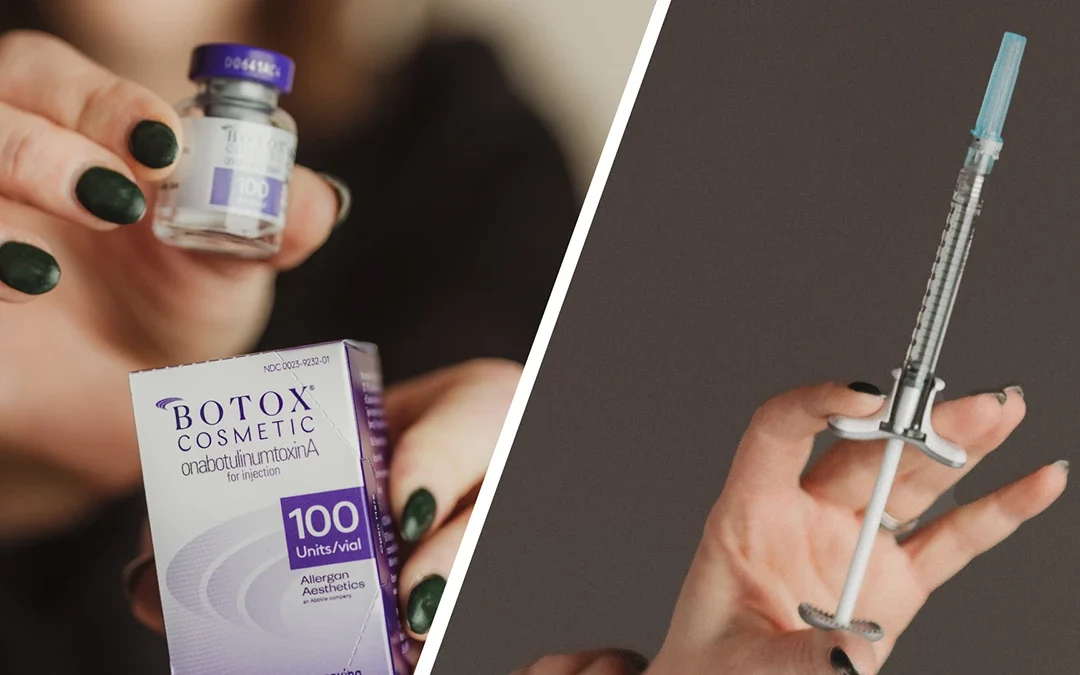 Close-up of hands holding a Botox vial and box with dark green nails; adjacent is a hand holding a syringe with a blue cap against a neutral background.